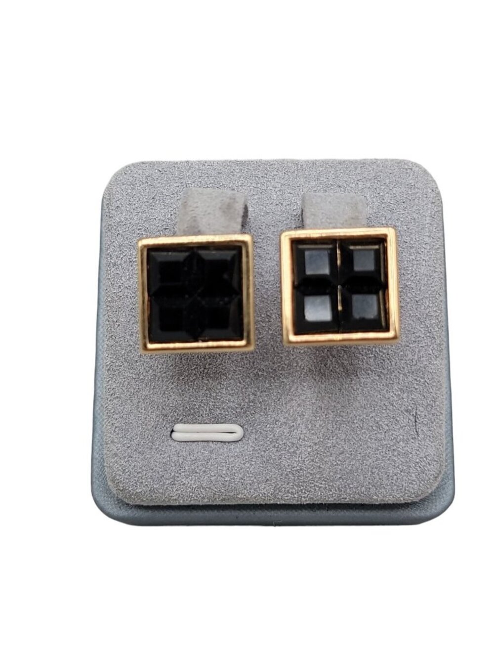 Swarovski Sal Signed Black Crystal Grid Square Post Earrings Gold Plated Studs - Picture 3 of 13